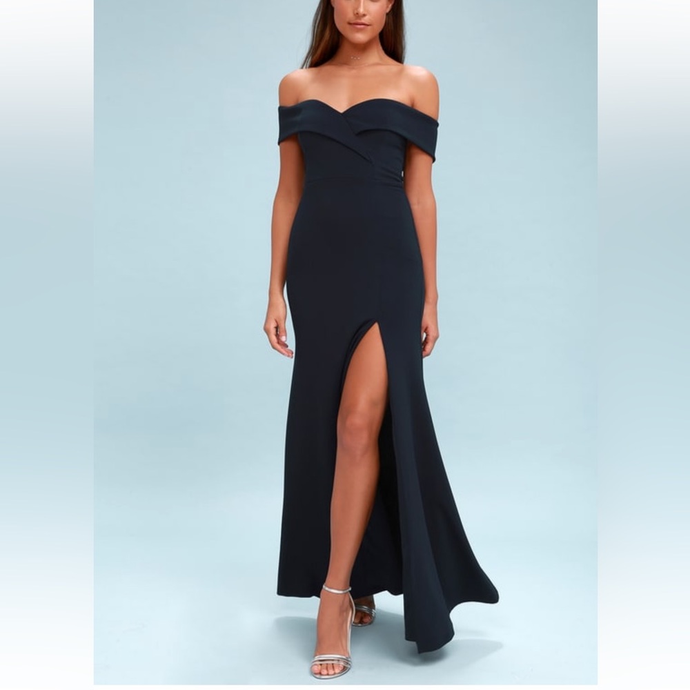 Lulus Song of Love Navy Blue Off-the-Shoulder Maxi Dress (Small)